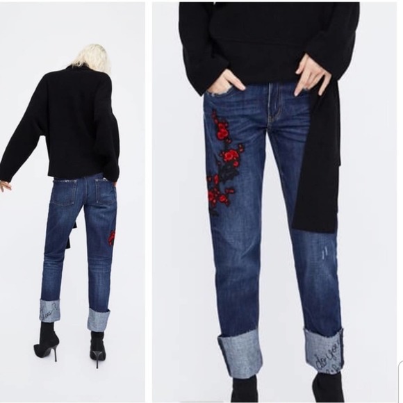 Zara Embroidered Cuffed Embroidered Jeans NEW - Picture 1 of 8